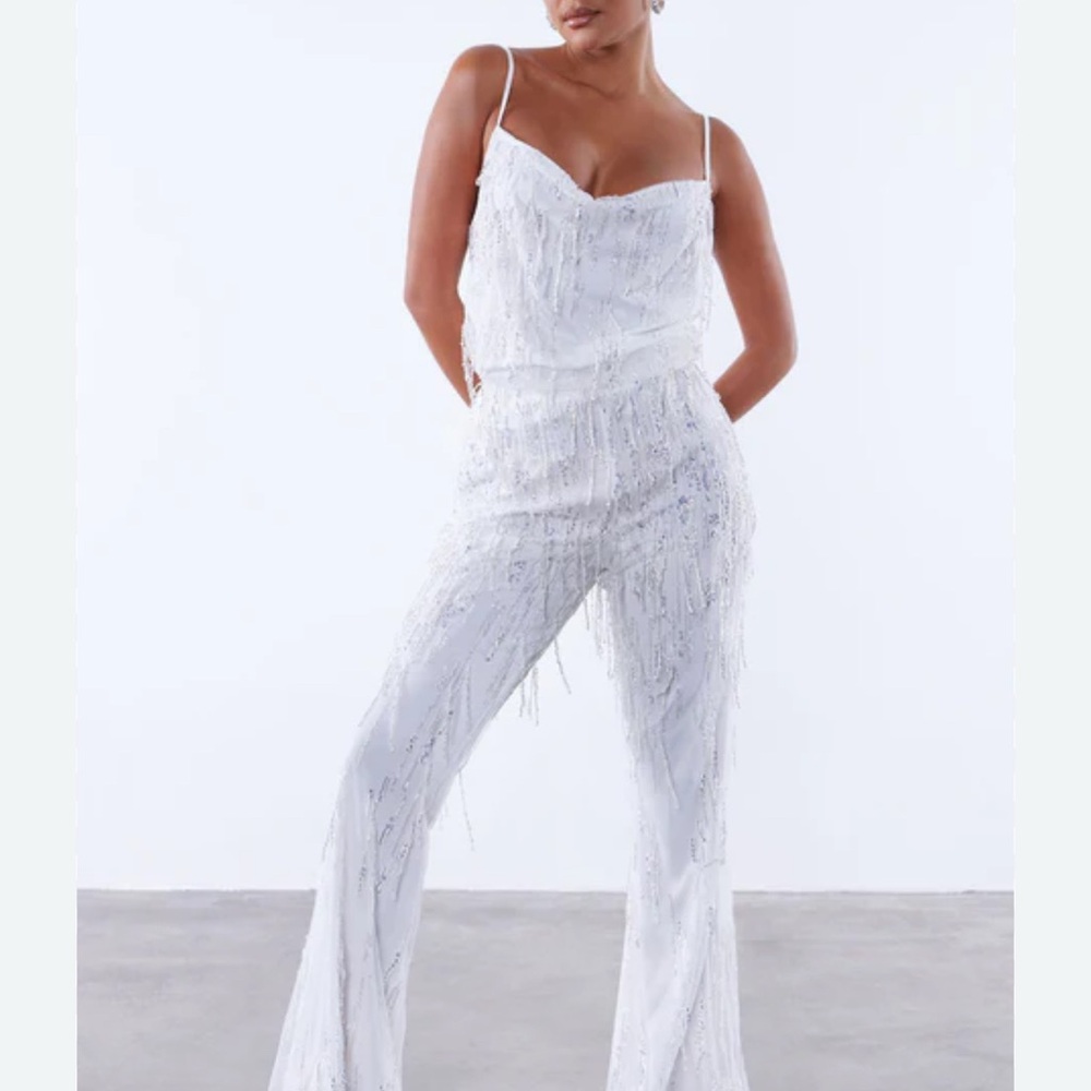 Elegant White Jumpsuit with Fringe Detailing